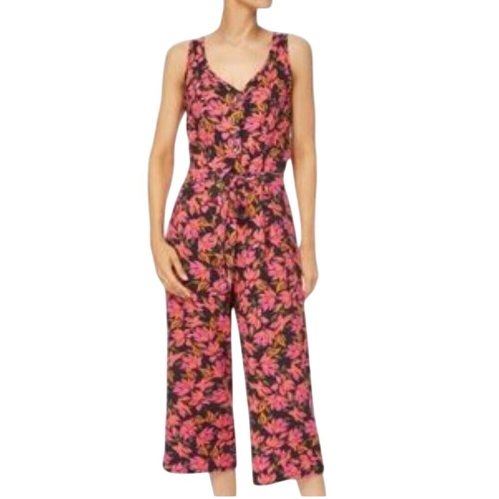 Kensie Linen Blend Floral Jumpsuit Size L Sleeveless Belted Cropped
